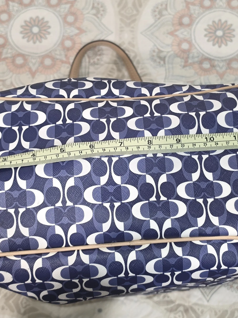 COACH Signature Navy Canvas Tote with Tan Leather Trim
